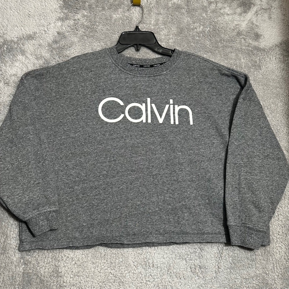 Calvin Klein Sweatshirt Womens XL Gray Logo Pullover Relaxed‎ Cropped Crewneck